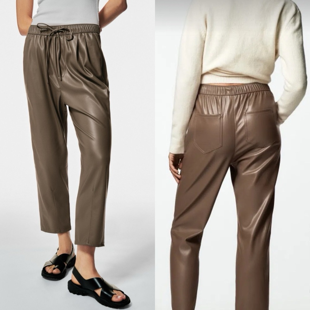 Zara RELAXED FAUX LEATHER THE WEEKEND MID-RISE PANTS Beige NEW